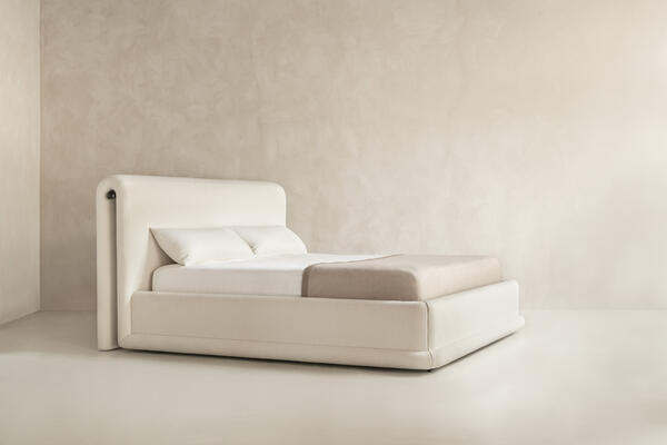 Palla bed shown in Holland & Sherry wool boucle and oil-rubbed bronze • Made-to-order • Custom options available