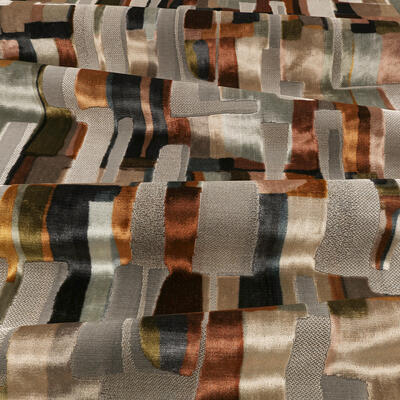Quadrata is a lustrous velvet printed with an abstract geometric that is juxtaposed with a fine jacquard construction and shimmering metallic-effect threads. The seamless layering of print and jacquard, coupled with a captivating play of colors, conveys a distinct character and undeniable richness