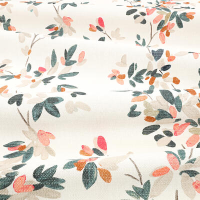 Elsi is inspired by the endearing flourishes of a garden in bloom. This elegant print, with its considered pops of color and naive painterly quality, is printed on a sumptuously soft brushed cotton linen
