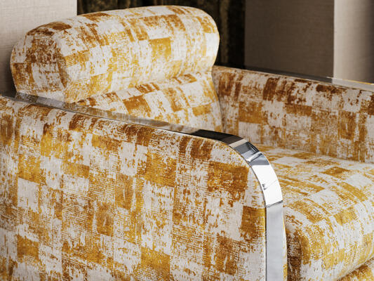 In the intriguingly textural Ingrid, cut and uncut velvet create a blanket of abstract blocks suggestive of gold leaf squares