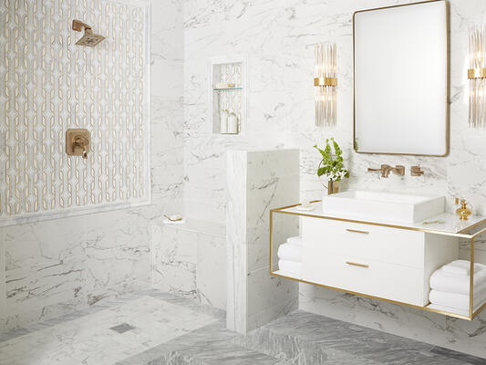 Trend 07/14, Stone-Look Tile: Pair marble- and stone-look tiles with real stone trim and mosaic accent pieces for an elevated, high-design look 