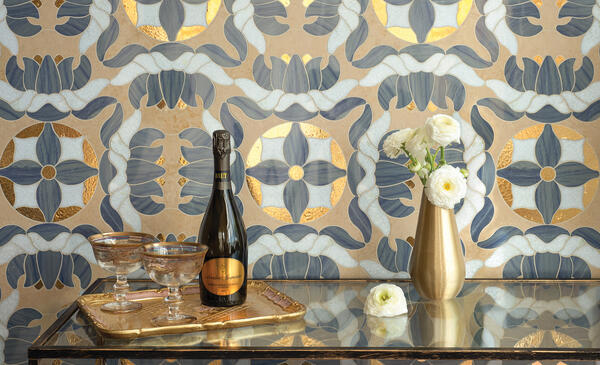 Caterina, a waterjet-cut mosaic, shown in honed Lagos Gold, polished Celeste, Aurum and Blue Macauba