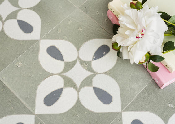 Zilia, a waterjet-cut mosaic, shown in polished Eucalyptus, Silver Sage and Magnolia