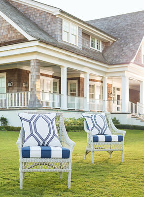 Pillows in Cameron woven fabric and Westport Tape.Seat cushions in Cabana Stripe woven fabric