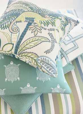 Pillows in Iggy printed fabric, Turtle Bay woven fabric, Brynn woven fabric with trim in Westport Tape, Brynn woven fabric and Surrey Cord. Thibaut Fine Furniture Addison Bench in Kalea Stripe woven fabric. 