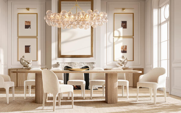 Mulholland dining collection in Greige Oak shown with the Lea dining chair