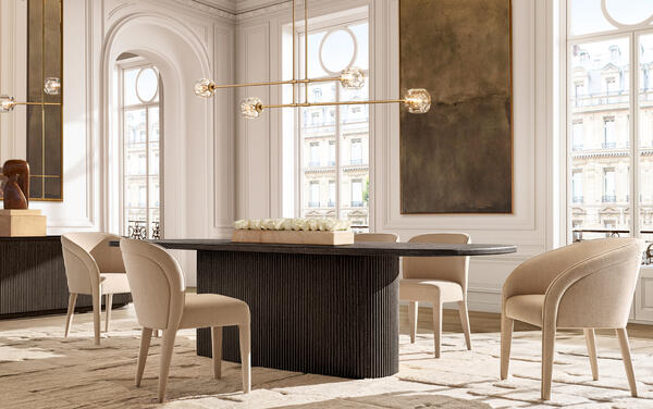 Mulholland dining collection in Black Oak shown with the Blair dining chair