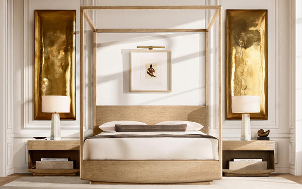 Dalia canopy bed collection in Greige Oak