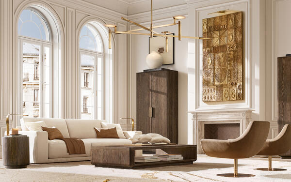 Ciro collection in Brown European Fir shown with the Bella sofa