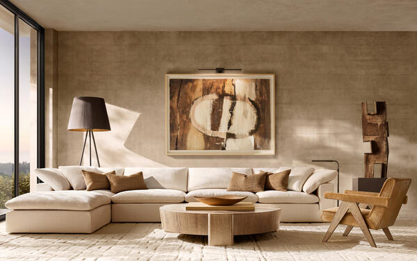 Brioni coffee table in Rustic Greige Oak shown with the Cloud sectional