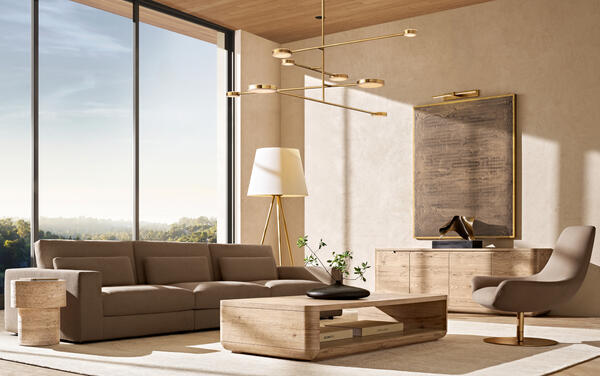 Bora collection in Greige Oak shown with the Lugano sofa and Lario swivel chair