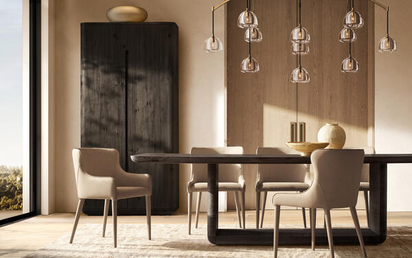 Bora dining collection in Black Oak shown with the Nicola dining chair