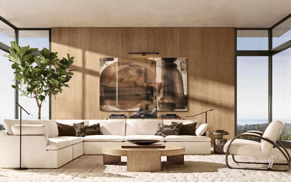 Noma coffee table in Greige Oak shown with the Cloud sectional and Rivoli chair