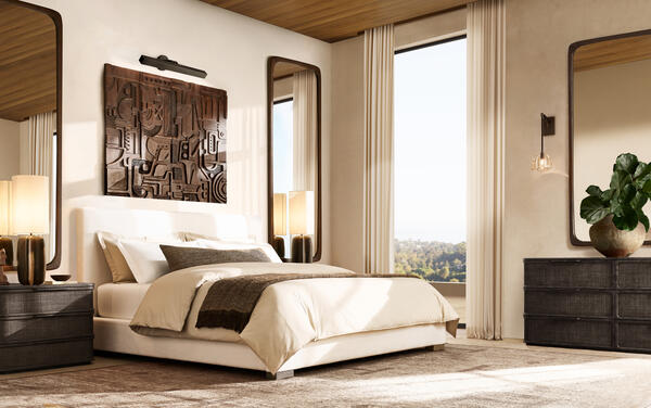 Trieste collection in Black Oak featuring the Modena upholstered bed