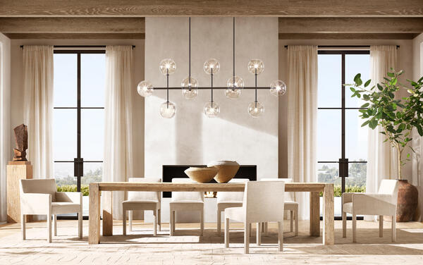 Reclaimed Oak dining collection in Reclaimed Bleached Oak shown with the Mona dining chair