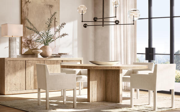 Reclaimed Oak dining collection in Reclaimed Bleached Oak shown with the Mona dining chair