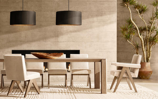 Brioni dining table in Rustic Greige Oak shown with the Jakob dining chair