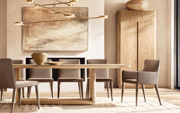 Bora dining collection in Greige Oak shown with the Nicola dining chair
