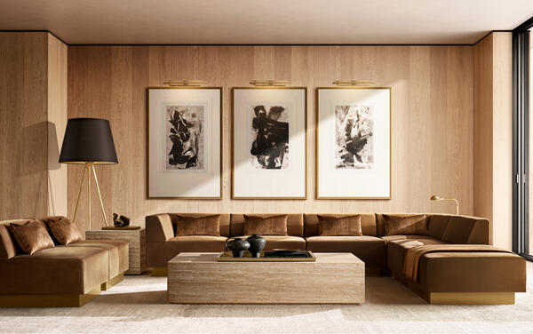 Harvey Probber Cubo Raked sectional and chair shown with the Rocco coffee table