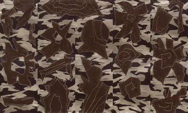 In the Wild hand-painted wallcovering in Brown Umber: detail of a series of five 9-foot panels