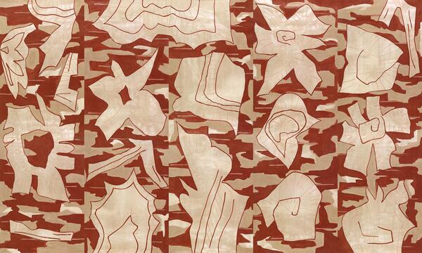 In the Wild hand-painted wallcovering in Cadmium Red: detail of a series of five 9-foot panels