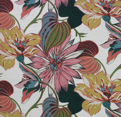 Ramble through a tropical garden with this bold new statement floral. Featuring lush blossoms, Azalea is a stylish showpiece printed on a linen-cotton blend and available in three moody colorways: Atlantis, Cerise and Nocturne