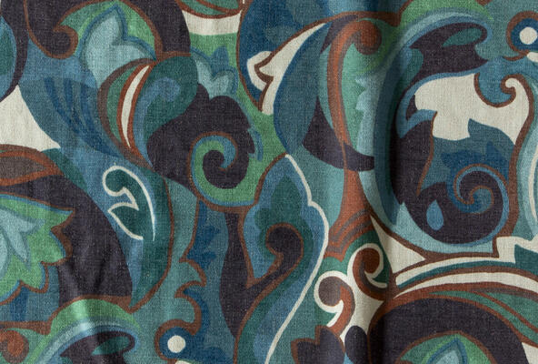 Paisley designs have evolved through every fashion era, originating in India as early as the 11th century. Armand is a free-spirited homage to the silk prints of Italian designer Emilio Pucci in the 1960s and ’70s. Available in four bold colorways—Bittersweet, Henna, Rainforest, Vapor—and printed on a soft textured ground, this paisley has a jet-set spirit and confident glamour 					