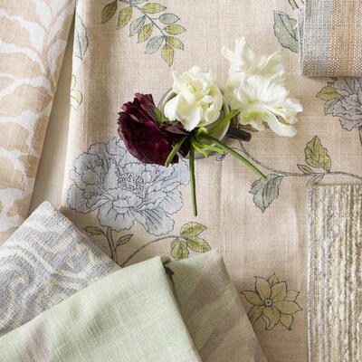 The Teahouse color story exudes a romantic elegance in a soft organic palette. Patterns like Loulette and Isobel layer with linen accents for an updated homage to the chinoiserie decorative tradition			