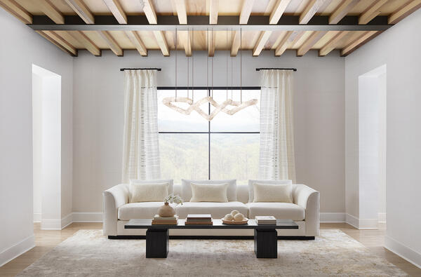 Sopraffino wallcovering, Vista drapery, sofa in Prima linen, pillows in Bella Vita