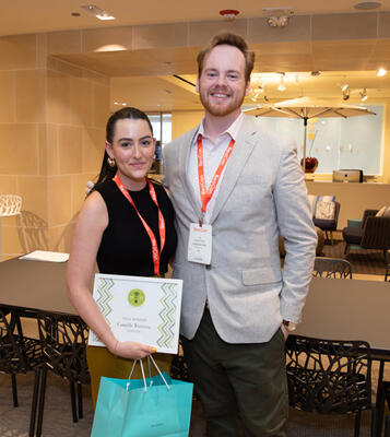 Overall winner Camille Ferreira of Istituto Maragoni in Milan with 2023 competition winner Ian Reimschisel, a graduate of Kansas State University