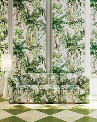 Junglewood: Nostalgia and a breath of fresh air abound in this scenic, jungle-inspired print. Hand-painted and carefully arranged, this timeless tropical bridges the gap between statement and nuance