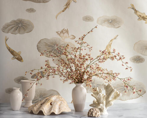 Lotus Print wallpaper: An ode to the Zen spirit of a lotus fishpond, this calming naturescape is translated from a bestselling novelty embroidery, now printed in wide width