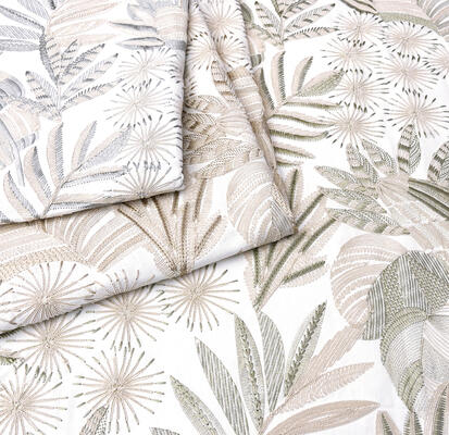 Marajo: Featuring allover embroidery and exquisite cording detail in an elegant botanical design, our most intricately tactile pattern in the collection provides luxury and whimsy with harmonious balance 