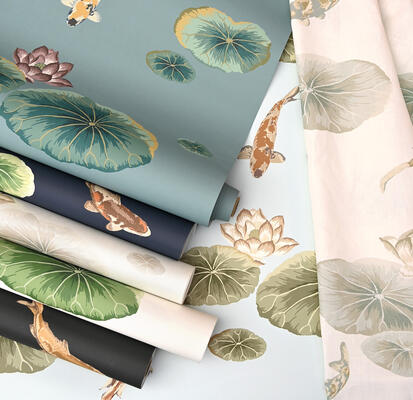 Lotus Print wallpaper: An ode to the Zen spirit of a lotus fishpond, this calming naturescape is translated from a bestselling novelty embroidery, now printed in wide width