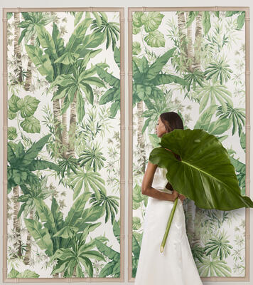 Junglewood wallpaper panel: Nostalgia and a breath of fresh air abound in this scenic, jungle-inspired print. A timeless tropical, it bridges the gap between statement and nuance. Originally hand-painted, then translated to an eco-friendly renewable material made out of plant fibers that can be fully recycled