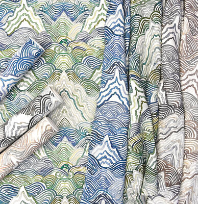 Shangri La is available as both fabric and wallpaper in Verde, Indigo, Stone and Noir