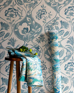 Calathea wallcovering in Aqua with Taplow in Marine/Sand 