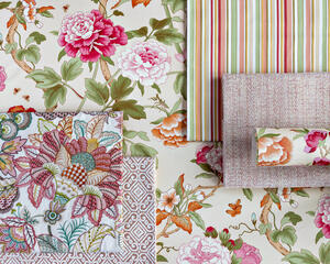 Gardenia in Spring with Eden Emb in Pink/Multi alongside Lee Jofa wovens