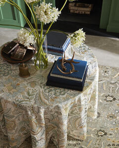 Eden Emb in Aqua/Gold serves as a stunning tablecloth