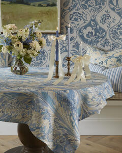 Calathea wallcovering in Blue shown with Taplow in Capri/Sky tablecloth