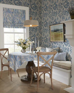 Calathea wallcovering in Blue shown with Taplow in Capri/Sky and Posy in Sand/Sky