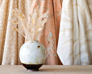 Les Touches Reverse in Sand, Bird and Thistle II in Peach, and Fougere Emb in Cream 