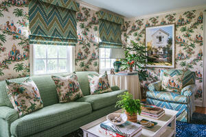 Beauport Promenade in Garden and Cascade in Teal/Green as seen in a living room setting