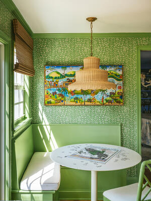 Les Touches Reverse wallpaper in Leaf in the kitchen’s sunny corner