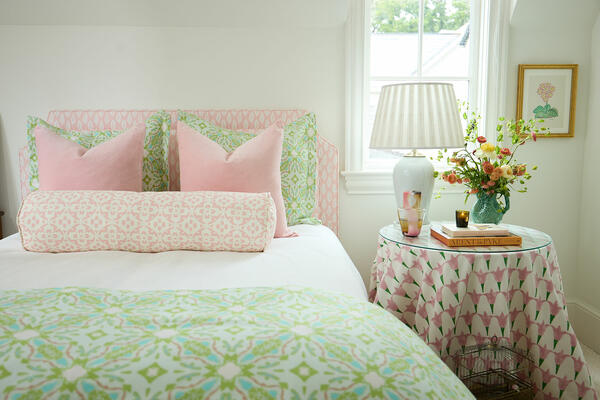 Lagos Green duvet + shams, Porto Tiles Blush bolster pillow