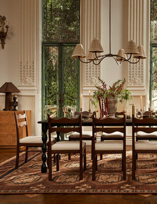 Topia dining table, Kadner dining chair, Caprice hand-knotted wool rug, Jordan chandelier