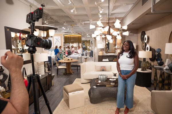 Jasmine Crockett filming in the Arteriors showroom