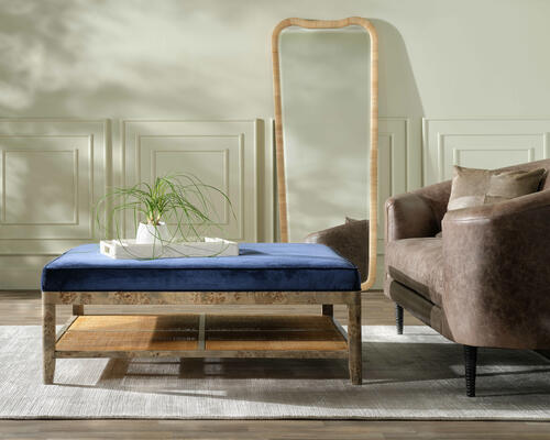 Left to right: Amara upholstered coffee table, Anela mirror, Basset sofa