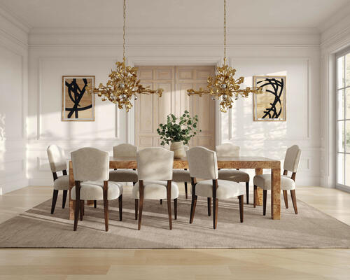 Left to right: Morene dining chair, Carson extension dining table, Teresa chandelier, Olesia artwork