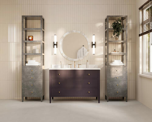 Left to right: Harry tall cabinet, Zora sconce, Albert mirror, Jarin vanity 